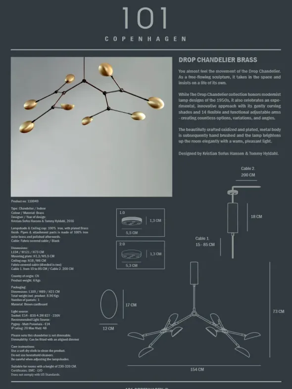 Drop Chandelier, brass fra 101 Copenhagen