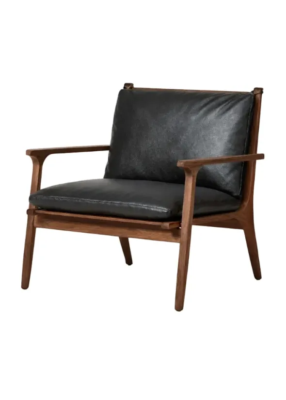 Rén loungestol, large, valnød, hynder m. sort læder